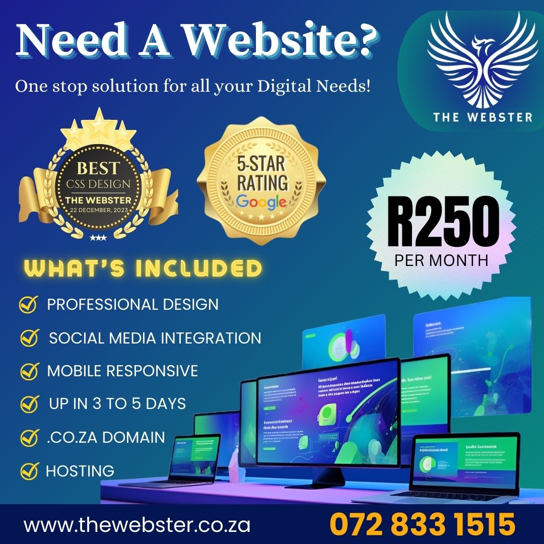 According to several studies, around 75% of people judge a business based on its website design. A well-designed website can convey professionalism and build trust with visitors. Get a Stunning and fully responsive website for only R250 per month. For More Info visit https://thewebster.co.za/